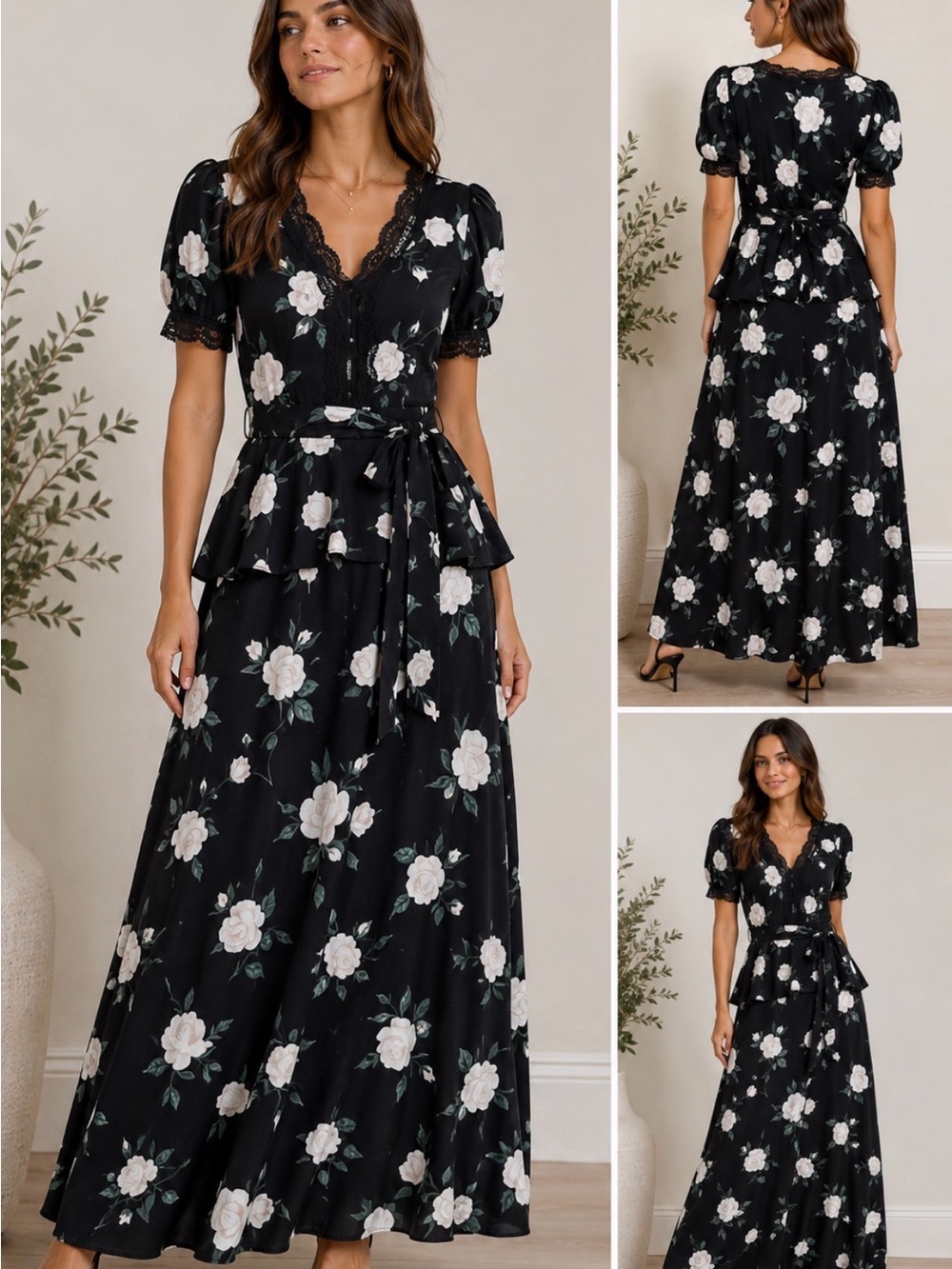 NWT Kelly Grace Black White Rose Floral Maxi Dress Size 6 Lace Trim Peplum